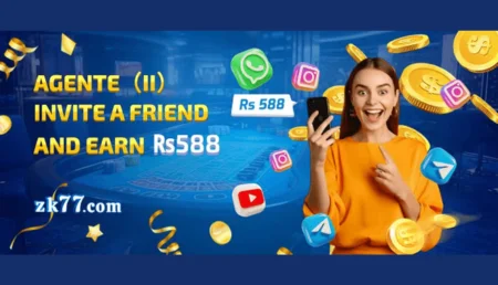 Woman holding a phone with icons of WhatsApp, Instagram, YouTube, and Telegram around her, promoting zk77 game invite offer.